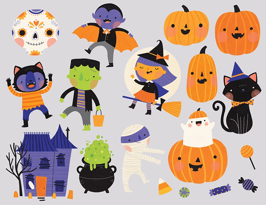 illustration of These are a set of halloween themed icons/stickers. Witch, moon, pumpkin, vampire, mummy, skull, werewolf, Frankenstein, black cat, magic, haunted house, cauldron, candy, cute
