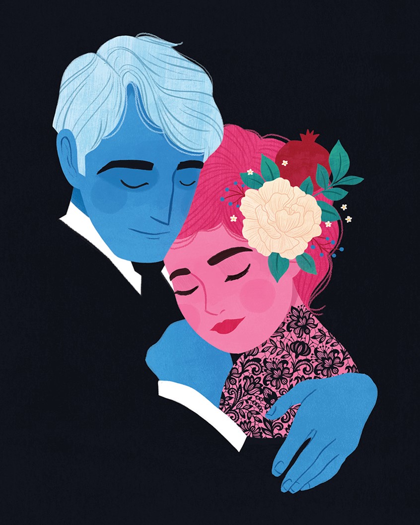 illustration of Inspired by mythology and the web comic Lore Olympus. Peony, pomegranate, lace, fashion, couple, love, pink, blue, light, dark, editorial, man, woman, male, female.