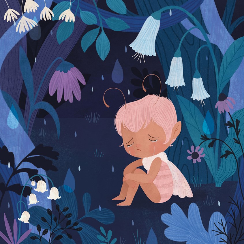 illustration of Illustration of a little fairy to show emotion and that its ok to be sad sometimes. Floral, flower, blue, rain, purple, dark, emotional, children's books, crying, girl, child, blue, purple, concept, conceptual, bold, striking, color, editorial.