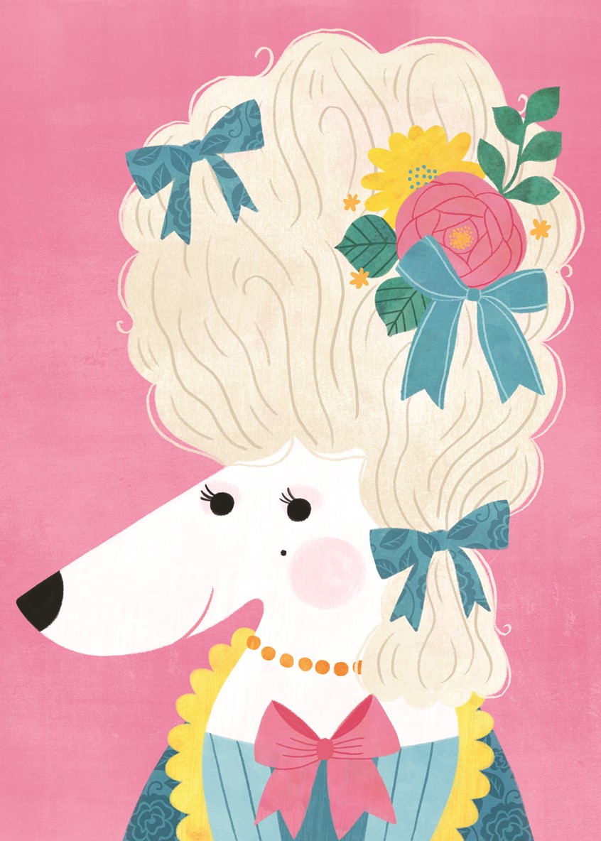 illustration of The lovely Marie Antionette reimagined as a poodle. Illustrator, Illustration, art, conceptual, floral, editorial, color, print, dog, puppy, cute, historical, portrait.