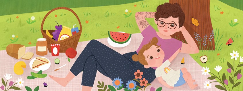 illustration of Mother, Daughter, Floral, Flowers, Fruit, Food, Butterfly, Cute, Happy, Sweet, Nature, Child, Girl, Woman, Tattoo, Glasses, Concept, Color, Bright, Meadow, Beautiful, Bugs, Illustrator, Illustration, Art, Editorial, Patel,