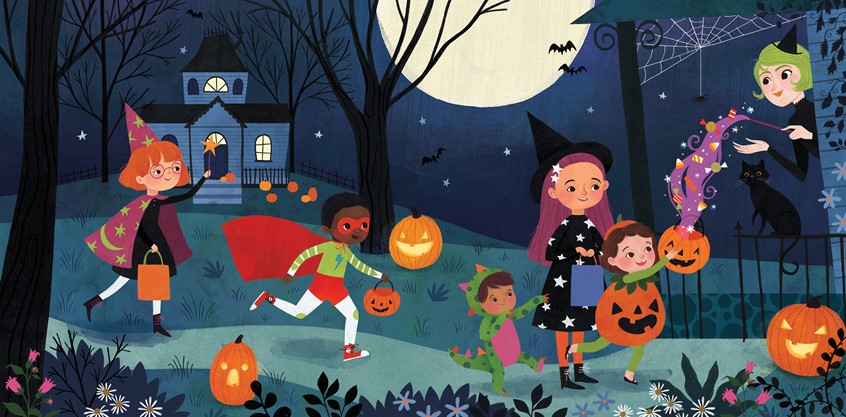illustration of Trick or treat themed picture book spread. Halloween, Witch, Pumpkin, Superhero, Wizard, Dinosaur, Kids, Cute, Moon, Bat, Spooky, Floral, Flowers, Black, Purple, Orange, Teal, Stars, Haunted House.