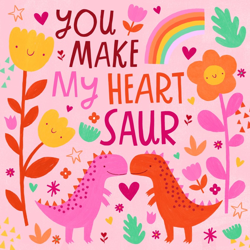 illustration of Sweet Dinosaur valentine illustration design. Hand lettering. Flower. Heart. Rainbow. Kids. Cute. Star. Love. Pattern. Pink. Red. Fun. Happy.