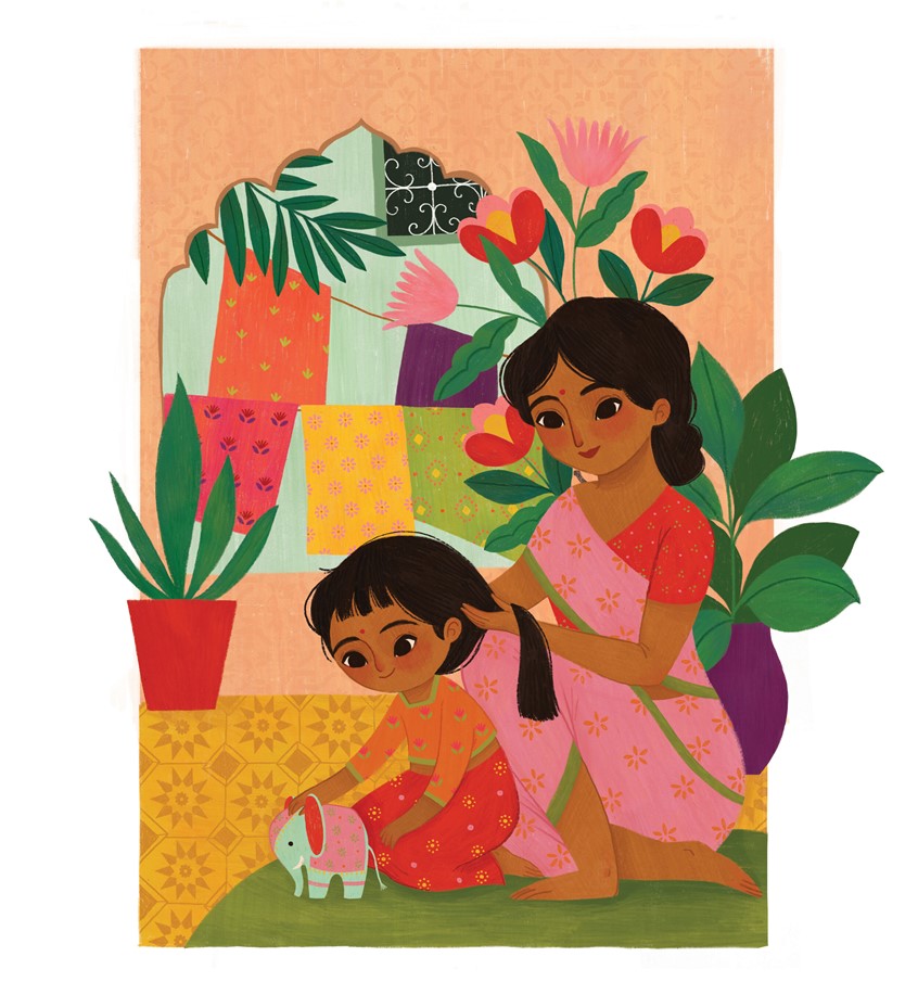 illustration of Sweet moment between a mother and daughter illustration. India. Character design. Picture books. Children’s illustration. Ethnic. Parent. Child. Elephant. Pattern. Bright. Colorful. Kid lit. Texture.