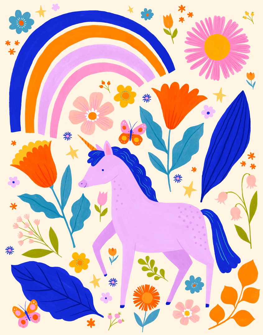 illustration of This fun and whimsical illustration is perfect for the unicorn lover. Rainbow. Flowers. Stars. Floral. Pink. Orange. Blue. Magic. Butterfly. Children’s illustration. Kids decor. Nursery.