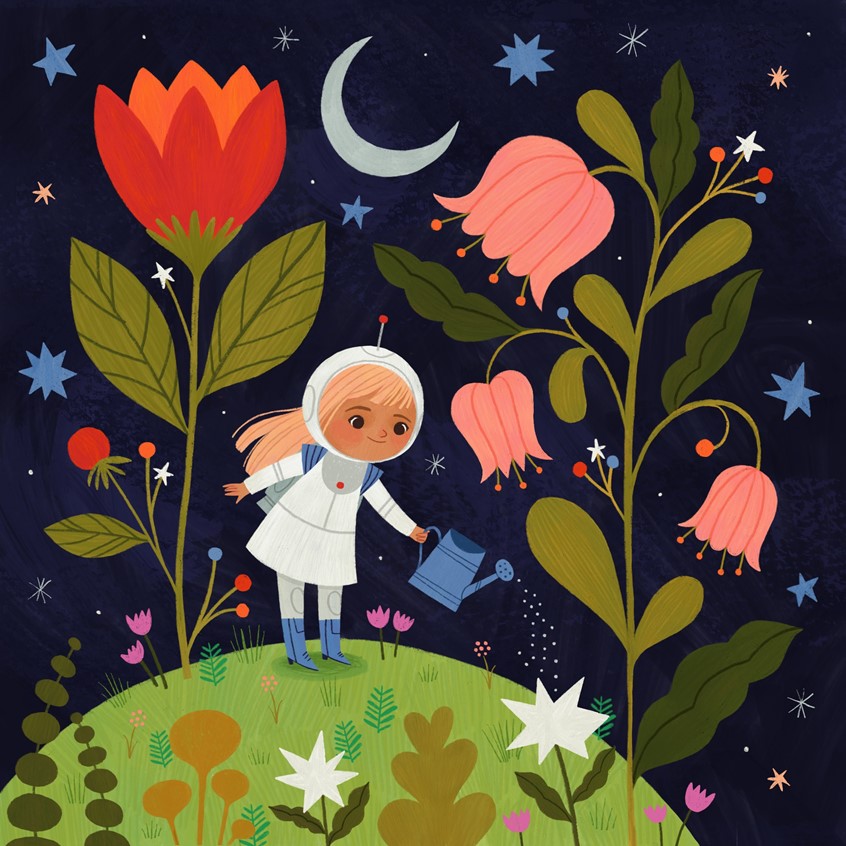 illustration of Illustration of a little girl tending to her garden in space. Flowers, floral, stars, moon, watering can, astronaut, magic, pink, red, green, blue, cute, outer space, picture book, illustration