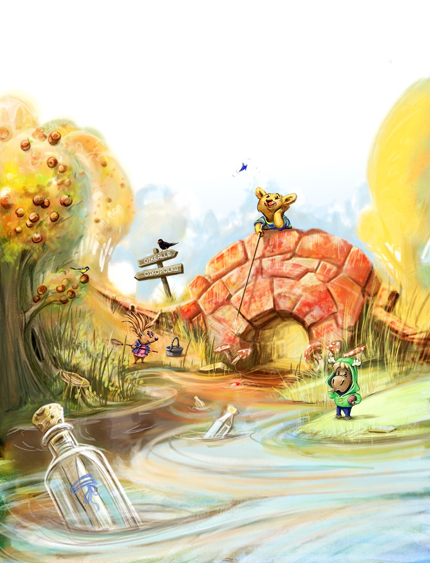 illustration of An illustration for an educational Alphabet book / ABC Book a few years ago. 6 characters, a crocodile, a bear, a moose, a beaver. a hedgehog. character design. character development. toys. toy. toy design. game. game design. educational. app. sweet. cute. children's book. learning. fishing. butterfly. storytelling. bridge. river. message in a bottle. tree. apple. outdoors. landscape. reading. teaching. kids. book. picturebook. literature. letters. Alphabet. school.