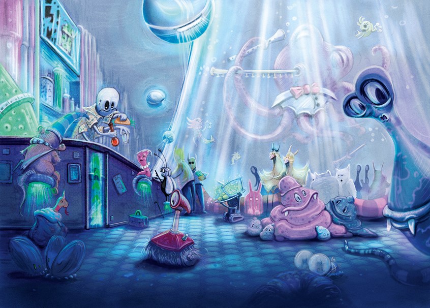 illustration of A full spread illustration for a space themed children's book with alien characters, a humanoid bartender, a space squid, a cleaning robot etc. Children's book. illustration. space. alien. toy. toys. toydesign. storytelling. adventure. funny. whimsical. cartoon. character design. character development. app. app design. game, games. squid. bartender. blue. snail. creature. monster. flute. scifi. kidlit. literature. book. book illustration.