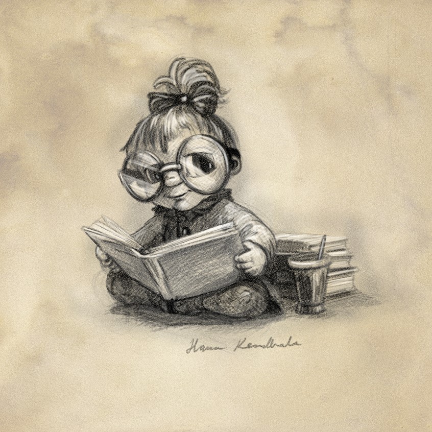illustration of girl. reading. book. glasses. love. like. storytelling. imaginary. portrait. drawing. black and white. sepia. seepia. old. style. vintage. illustration. storybook. story. character. cartoon. character development. bow. child. warm. cute. funny. whimsical. bookworm. nerd. library.