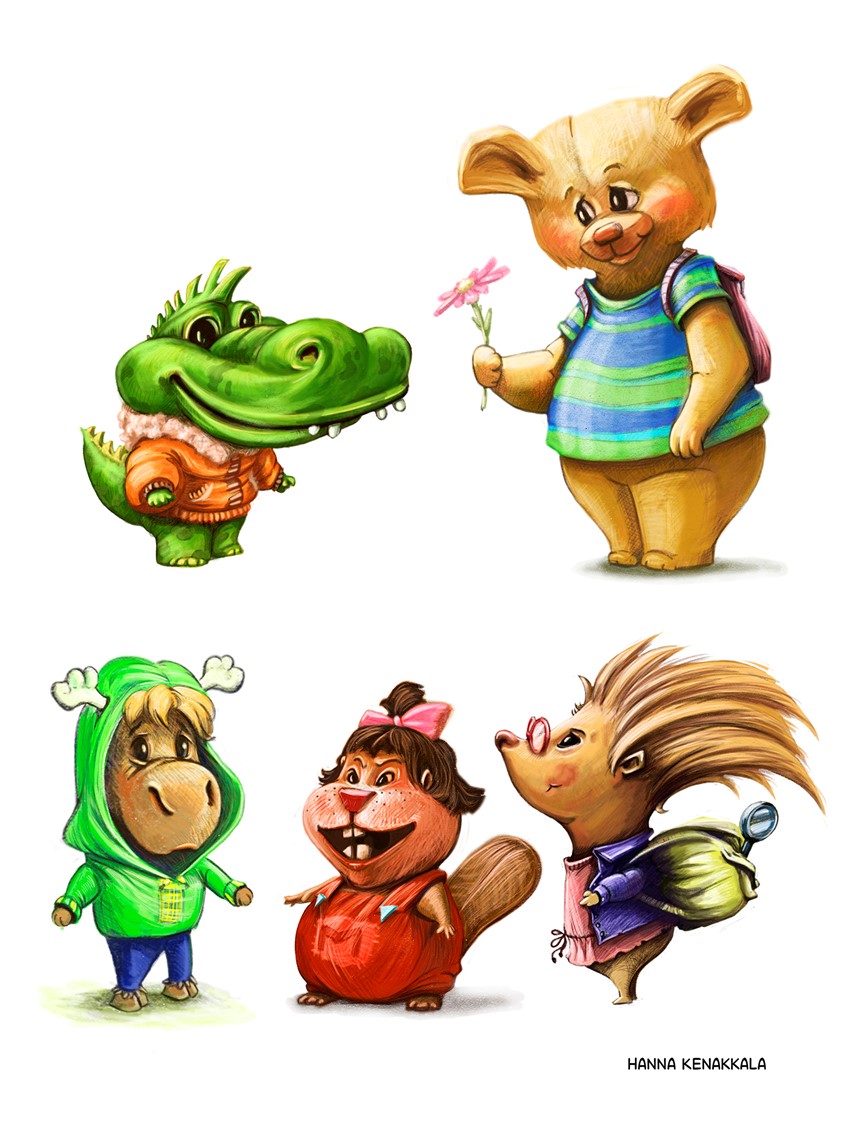 illustration of Character development. concept design. educational. alphabet. ABC book. character. crocodile. bear. moose. beaver. hedgehog. animal. cartoon. character design. anthropomorphic. education. reading. teaching. children's book. childrens book. literature. sweet. cute. app. game. game design. app design. toy. toys. toy design. book. kids. kidlit. learning. storytelling. illustration. backpack. alligator. shy. animal characters. animation. appealing.