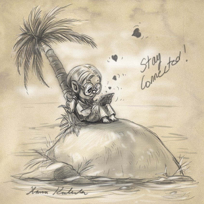 illustration of With the covid-19 / corona virus spreading around the world it is easy to feel isolated from your friends, family and the world. Like you were stranded on a deserted island. covid. covid-19. coronavirus. koronavirus. korona. friendship. friends. isolated. deserted island. palmtree. alone. loneliness. technology. app. app design. ipad. internet. connecting. application. IT. webinar. web. phonecall. talking. remote. remote work. conferencecall. drawing. sepia. seepia.