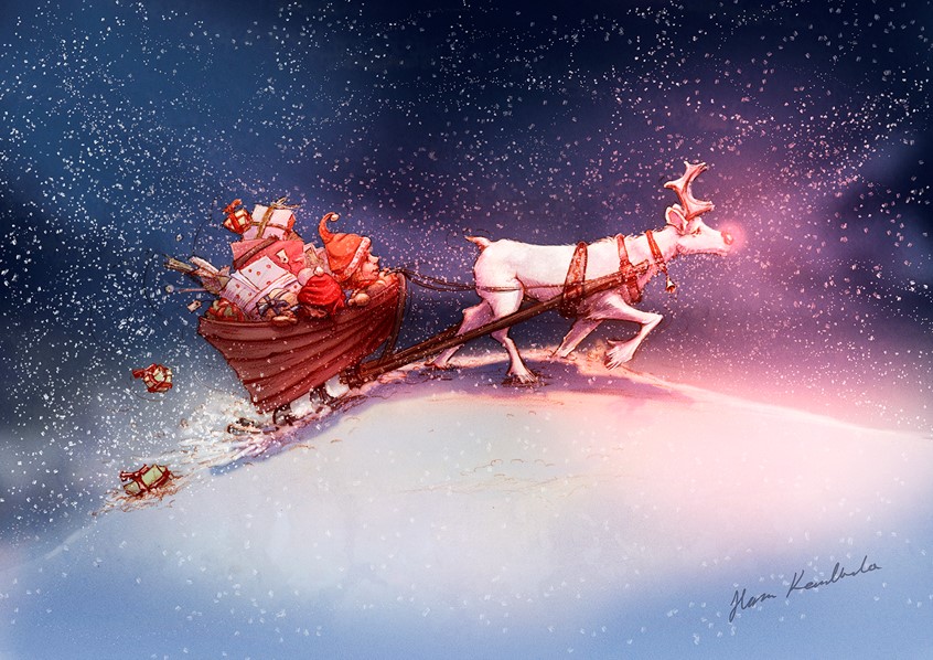 illustration of Snow. reindeer. elfs. gifts. sleigh. sled. sledge. Christmas card. illustration. girl. cute. postcard. xmas. Christmas. snow. red. little. cute. sweet. storytelling. character design. character development. friendly. merry Christmas. merry. good. yule. friends. friend. presents. snow. friendly. outdoors. postcard. seasonal. licencing. product. illustration. greeting card. rudolph. the rednose. red. nose. journey. christmas night. magical. childrens. lappland. nordic.