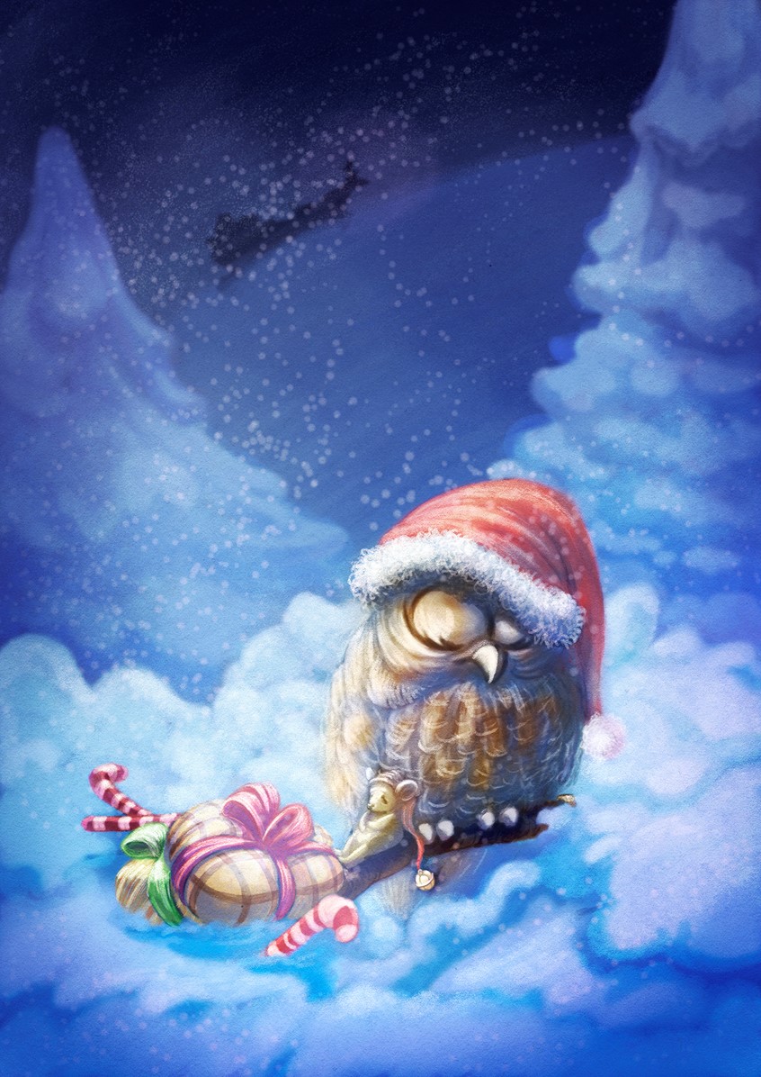 illustration of owl. mouse. sleeping. Christmas night. Christmas. xmas. sleigh. santa. reindeer. postcard. card. christmas card. licensing. peace. snow, sled. gifts. present. bow. trees. outdoors. anthropomorphic. animal. character. giftbag. product. illustration. storytelling. night. bird. critter. creature. peacefull. calm. serene. blue. sleep. bow. candy. candycane. tree. branch. elfhat.