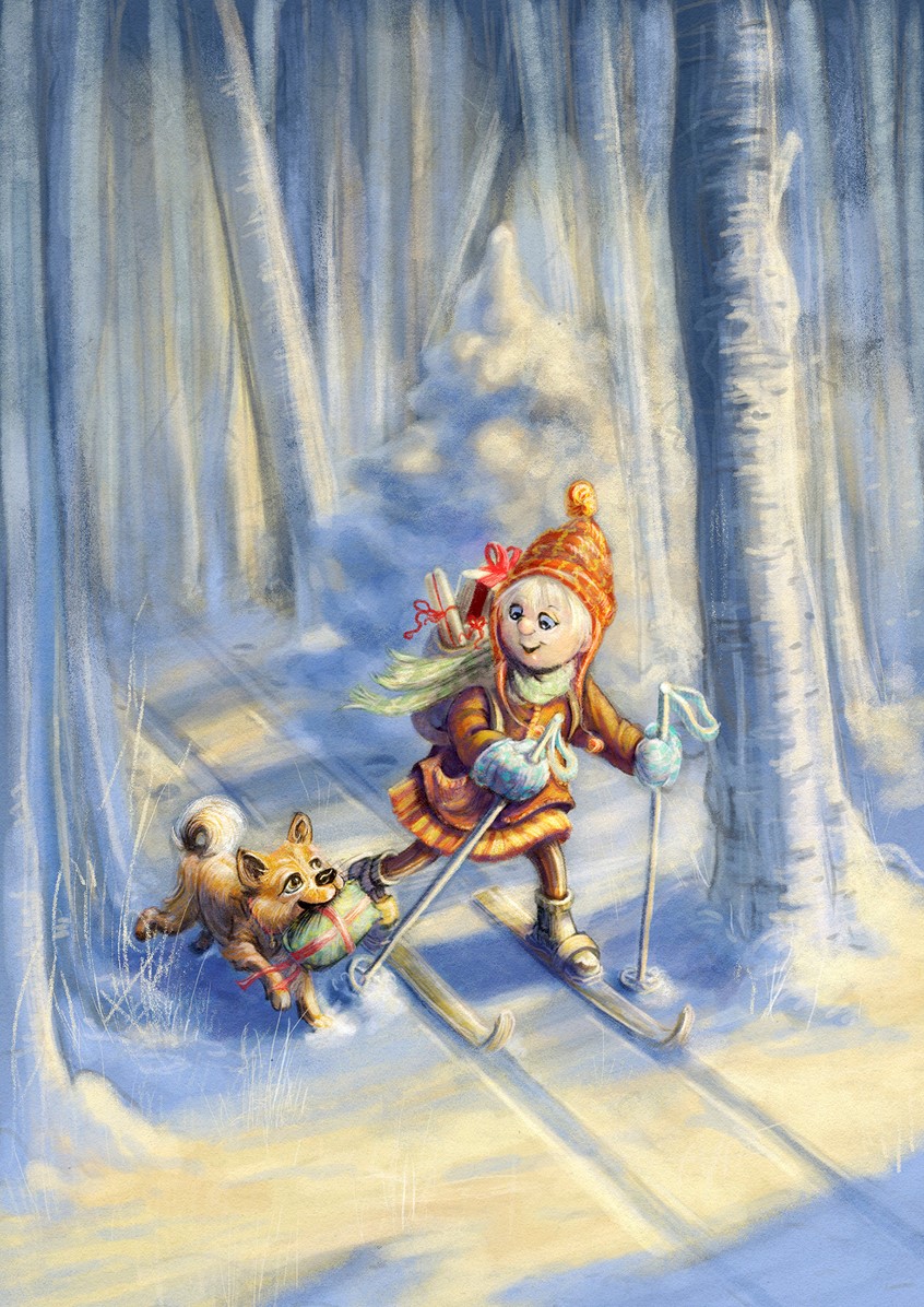 illustration of A Christmas card illustration. A girl cross-country skiing with her dog. Christmas card. cute. elf. postcard. xmas. christmas. snow. red. scarf. little. cute. sweet. storytelling. character design. character development. Christmas card. app. toy. game. toys. friendly. merry Christmas. merry. good. yule. skiing. dog. puppy. girl. friends. friend. presents. snow. forest. woods. warm. friendly. outdoors. cross-country. postcard. seasonal. licencing. product. illustration. greeting card. lappland.