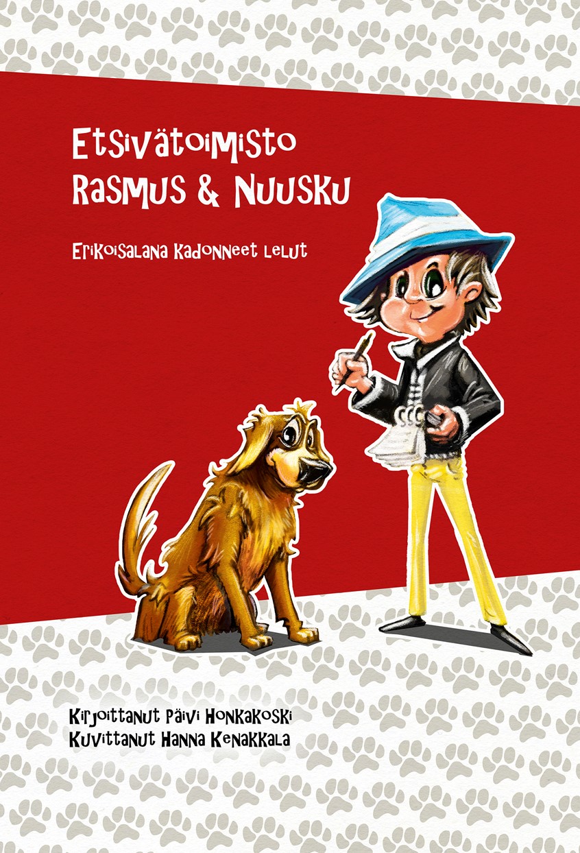 illustration of A Children's book cover illustration with a boy and his best friend a dog named Nuusku. Bookcover. children's book. childrensbook. book. illustration. dog. friend. friends. detective. kidlit. cartoon. toy. game. storytelling. app. adventure. funny. cute. whimsical. character development. character design. puppy. animal. cover. boy. best friend.