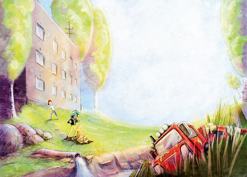 illustration of kid. kids. children. child. dog. puppy. animal. anthropomorphic. outdoors. water. house. home. playing. detective. story. storytelling. kidlit. children's book, childrens book. truck, car. toy. tree. cloud. friend. friends. friendship. adventure. mystery. detective. nose. nosework. searching. running. playing. childhood. background. environment design. spread.. illustration. book. literature.