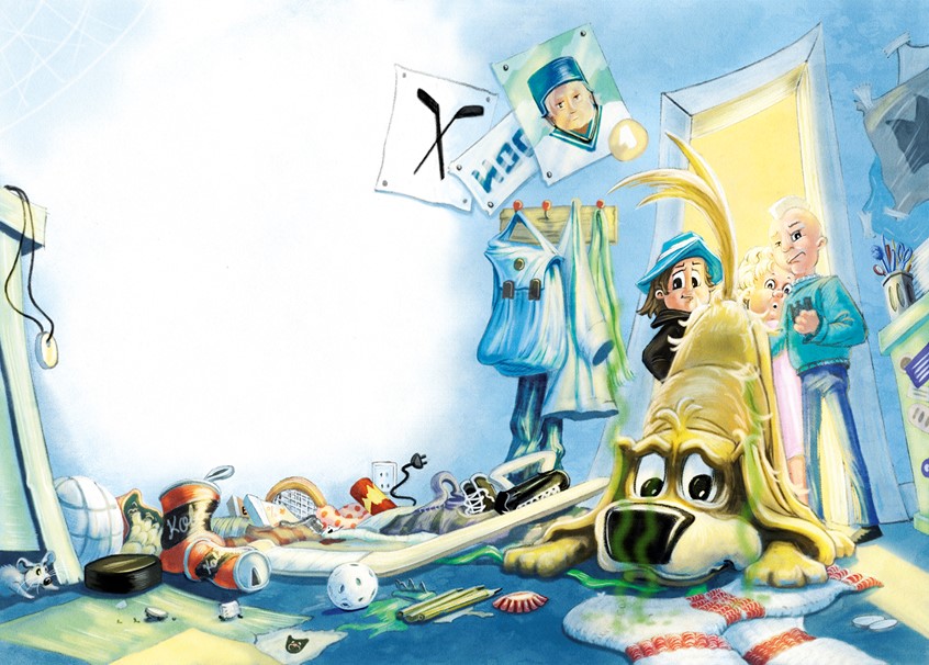 illustration of boy. detective. mystery. story. storytelling. storybook. children's book. childrensbook. dog. pyppy. room. teenager. angry. conflict. looking. nose. nosework. sniffing. inspection. home. cleaning. messy. sock. hockey. friend. friendship. kid. girl. young. bully. storytelling. literature. family. picture. adventure. children. tension. funny. whimsical. character. conflict. argument. search. searching. smelly. poster. spread. illustration. hobby. untidy.