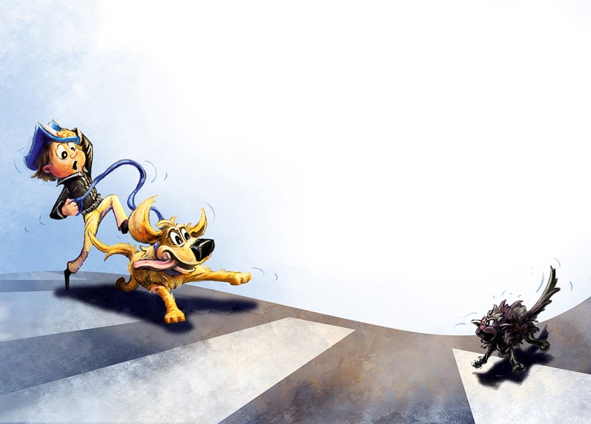 illustration of dog. cat. puppy. kitten. boy. kid. child. chase. chasing. running. exiting. fast. road. whimsical. isolated. vignette. spot. annoyed. exited. adventure. mystery. mad. angry. funny. childrens book. children's book. book. literature. character. anthropomorphic. animal. walking. walking the dog. friend. friendship. detective. kidlit. picture. illustration.