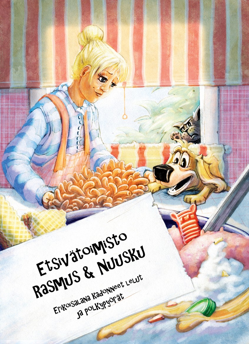 illustration of mystery. celebration. friends. Mom. dog. child. kid. kids. friend. cat. window. curtain. sausage. sweets. sweet. delicacy. yammy. candy. ice cream. party. children's book. childrens book. illustration. book. publishing. storytelling. literature. eating. food. funny. whimsical. cute. cartoon. character. adventure. detective. family. childhood. mother. son. children. puppy. kitten. animal. anthropomorphic.