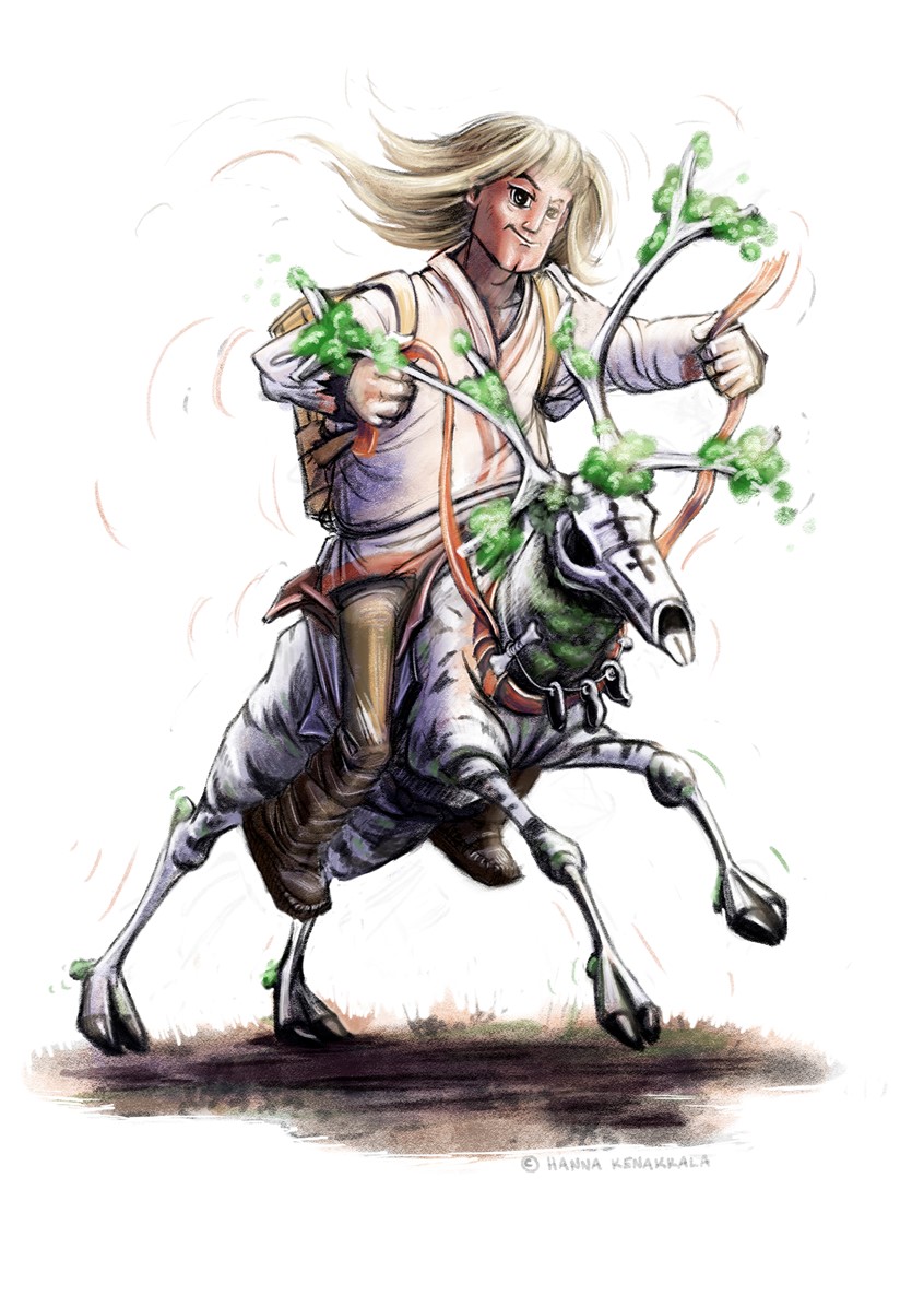 illustration of An editorial for a web article. The image is based on Nordic / Scandinavian reindeer myths and mythology. The reindeer is constructed out of tree bark or thick, moss and stone. Editorial. web. blog. reindeer. frankenreindeer. frankenstein. mythology. storytelling. myth. nordic. kalevala. funny. whimsical. character design. character development. game. app. blog. website. animal. man. folklore. lore.