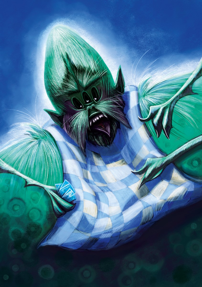 illustration of A scary and hungry green alien character. alien. character design. character development. green. alien. scary. monster. teeth. eating. threatening. sinister. intimidating. ugly. menacing. children's book. book. illustration. storytelling. app. game. toy. literature. adventure. space. scifi. kidlit. creature. creature design. hungry.