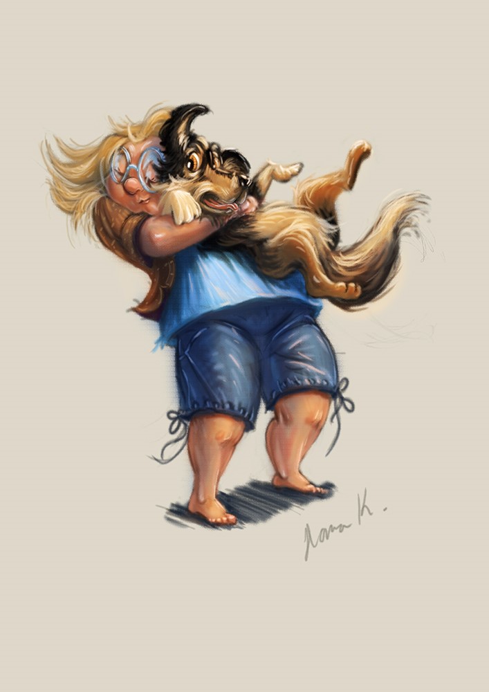 illustration of A funny and whimsical cartoon character. Character. Characterdesign. Characterdevelopment. Dog. Woman. Hug. Whimsical. Characterdrawing. Glasses. Chubby. Lady. Cartoon. Cartooncharacter. Cute. Sweet. Friend. Best friends. embrace. domestic. book cover. pet. love. emotion. sweet. friendly. puppy. animal. owner. bonding. affectionate.