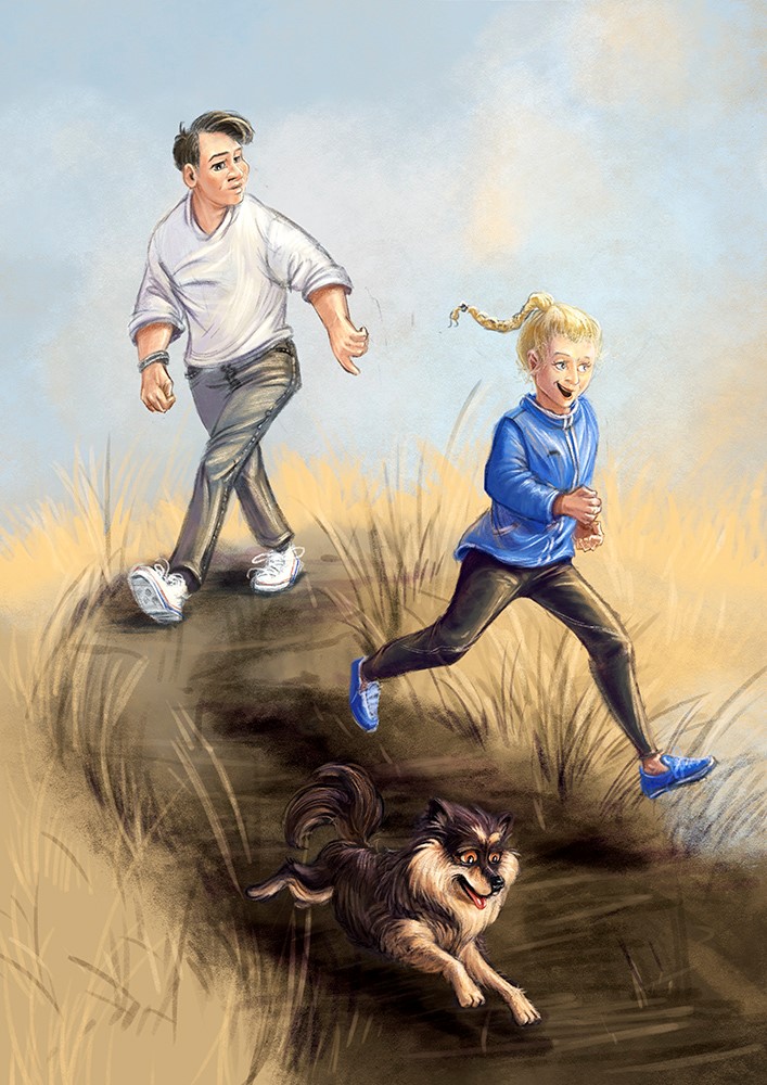 illustration of Exercise. physical education. trot. people. dog. lapphund. finnish lapphund. couple. friends. jogging. running. walking. walking the dog. pet. pets. outdoor. man. woman. field. sky. puppy. exercise. physical education. man. woman. dad. daughter. sneekers. pony tail. converse. playing. childhood. family. adult. girl. children's book. childrens book, book illustration. book cover. literature. educational. storytelling. character design.