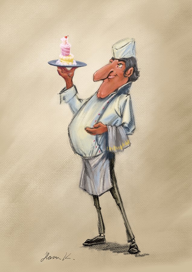 illustration of chef. cook. kitchen. desert. yummy. delicasy. food. cooking. character. character design. storytelling. game. app. cartoon. character development. animation. concept art. nose. man. presenting. delicious. eating. whimsical. funny. caricature. sepia. seepia. vintage. old. style. stylized. illustration. storytelling. dessert. cupcake. pastry.