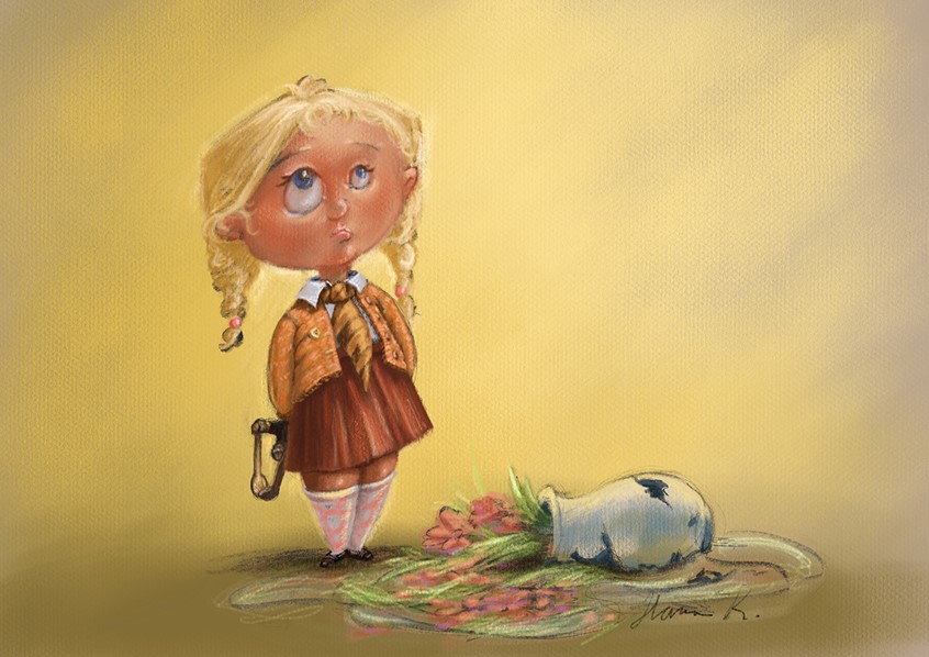 illustration of character. cartoon. character design. character development. whimsical. funny. girl. kid. child. innocent. mischievous. brat. up to no good. prank. unruly. undisciplined. storytelling. game. app. animation. slingshot. broken. brake. trouble. denile. illustration. kidlit. childrens book. children's book. mayhem.