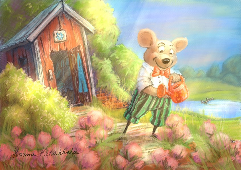 illustration of Mouse. Garden. Gardening. Flowers. Shed. Sun. Sunshine. Sky. Blue. Lake. Grass. Green. Pink. Fairytale. Faerytale. Storybook. Storytelling. Water. Watering. Bowtie. Dandy. Animal. Creature. Character. Character Design. Character Development. Game. games. App. Literature. Publishing. Licencing. Warm. Whimsical. Cute. Pretty. Appealing. Toy. toys. Environment. Tree. Trees. Bushes. Children's book. childrensbook. kidlit. picture. book. illustration. digital painting. procreate. summer. spring.