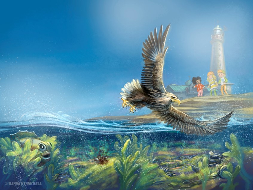 illustration of Bookcover. children's book. childrensbook. book. illustration. eagle. friend. friends. cartoon. storytelling. adventure. funny. cute. whimsical. character development. character design. animal. cover. boy. girl. lighthouse. rocks. sea. ocean. under the sea. fish. water. waves. alge. clam. sky. blue. bird. wings. jacket. bookjacket. outdoors. island. storybook. young readers. reading. publishing. under water. balticsea.