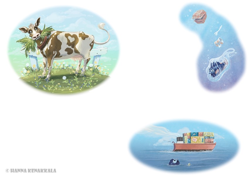 illustration of Vignette. Nature. Balticsea. Sea. Environment. Protecting the environment. Pollution. Ocean. Plastic. Microplastic. Water. Fish. Cow. Traffic. Ship. Cargo ship. Sky. Animals. Fast food. Rubbish. Trash. Planet. Eco. Childrens book. Bookillustration. Book. Illustration. Storytelling. Whimsical. Colorfull. Anthropomorphic. Pasture. Outdoors. Seaside. Plasticbag. Bag. Editorial. Publishing. Educational. Storytelling.