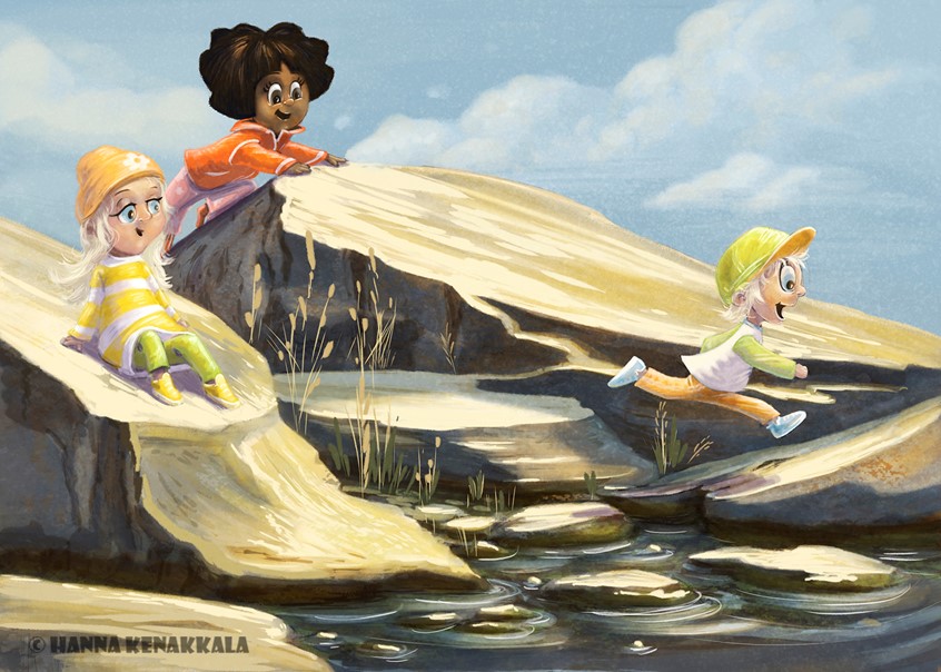 illustration of #kids #children #beach #sea #ocean #rocks #clif #clifs #cliffs #sky #clouds #outdoors #book #illustration #bookillustration #publishing #storytelling #playing #summer #trip #cartoon #background #nature #childrensbook #kidlit #kidlitillustration #adventure #blue #child #friends #friend #kid #reading #animation #app #game #games
