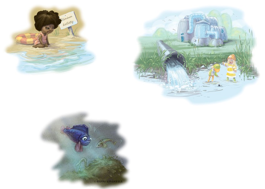 illustration of #Vignette #Nature #balticsea #Sea #Environment #Pollution #Ocean #Plastic #Microplastic #Water #Fish #Animals #Planet #Eco #Childrensbook #bookillustration #Book #Illustration #Storytelling #whimsical #Colorfull #Anthropomorphic #Outdoors #Plasticbag #Bag #Editorial #Publishing #Educational #Storytelling #diversity #alge #swimming #watertreatment #watertreatmentplant #pipe #waterpipe #beach #sad #characterdevelopment #child #kid #children #friends #seacreature #underthesea #cleanwater