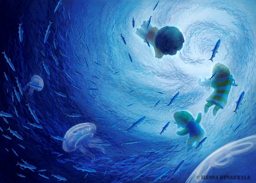 illustration of #fullspread #Nature #balticsea #Sea #Environment #Pollution #Ocean #Water #Fish #Animals #Planet #Eco #Childrensbook #bookillustration #Book #Illustration #Storytelling #whimsical #Colorfull #blue #herring #flock #jellyfish #Anthropomorphic #Outdoors #Publishing #Educational #Storytelling #diversity #swimming #characterdevelopment #child #kid #children #friends #seacreature #underthesea #cleanwater