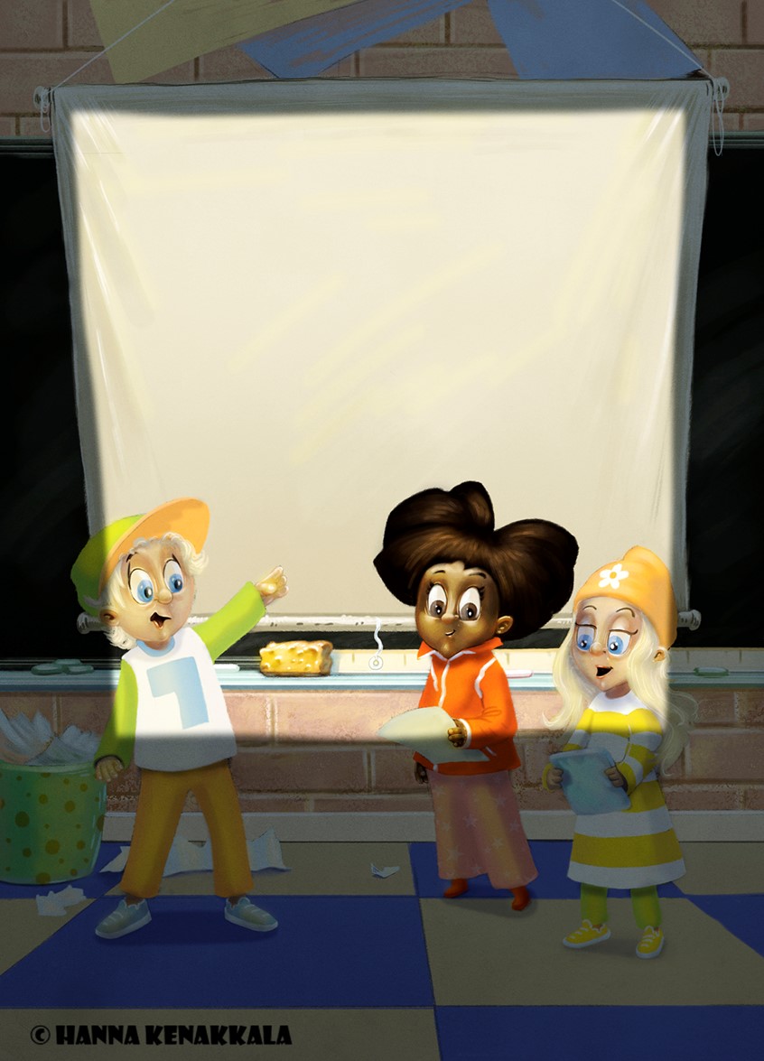 illustration of #fullpage #Childrensbook #bookillustration #Book #Illustration #Storytelling #whimsical #Colorfull #Publishing #Educational #Storytelling #diversity #characterdevelopment #child #kid #children #friends #school #teaching #environment #indoors #classroom #teamwork #groupwork #schoolassignment #kidlit #educational #brickwall #brick #chalk #teacher #presentation