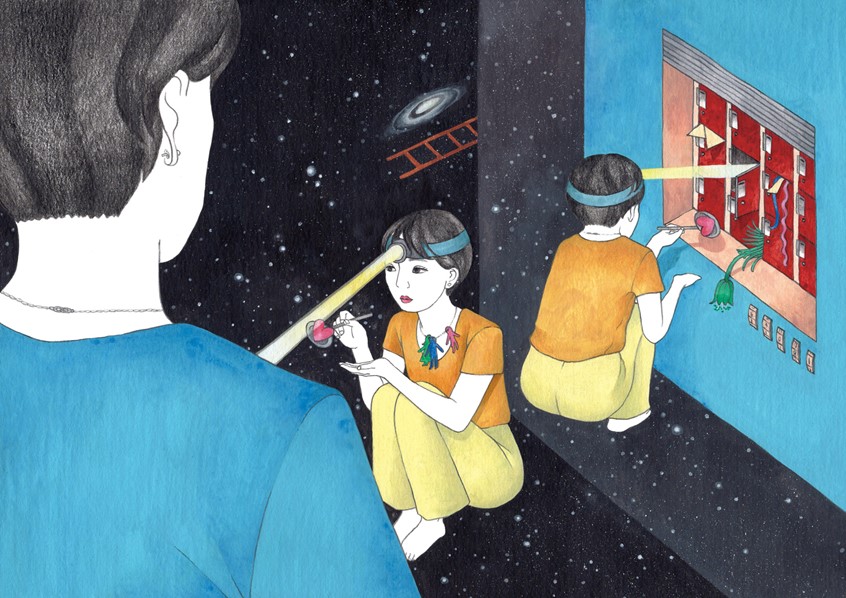 illustration of Personal drawing. Inspired by my feeling of human interaction.
We are like the stars in the universe. people are either close and far. Heart is unpredictable.
Desire to have some connection with people but it is hard to find the entrance, unless you open your heart. Surreal. Metaphor. Colorful. Universe. Heart.