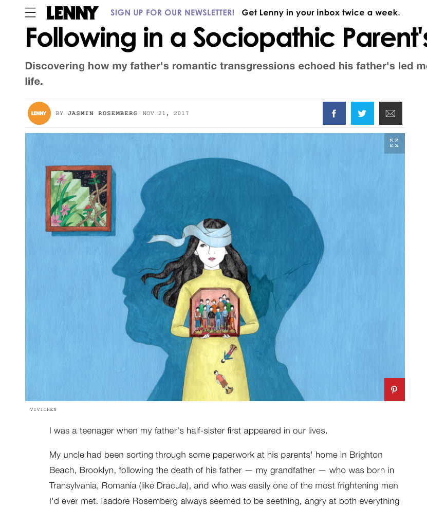 illustration of for Lenny Letter article
''Following in a Sociopathic Parent's Path''
Poetic. Colorful. Object. Metaphor. Delicate. Line. Hand drawn. Surreal. Story. Blue. Love. Relationship. Shadow. Father.