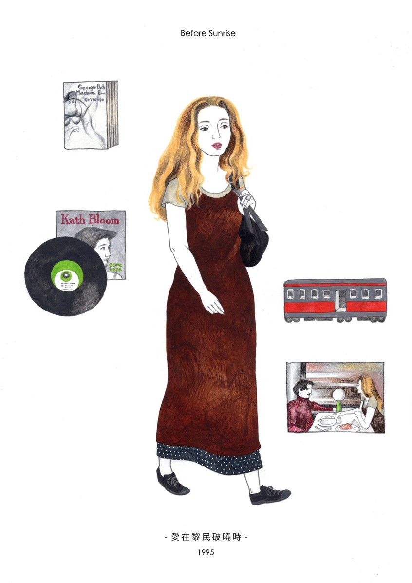 illustration of Movie. Cinema. Vintage. Character Illustration. Stylish. Style. Main Actress. Fashion. Old School. Object. Detail. Before Sunrise. Celine.
