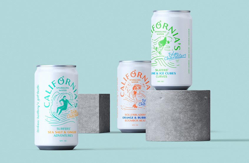 illustration of Whimsical . packaging . skater . skate . street culture . California . surfer . surfing . urban . white . sparkling water . aluminium can . beverage . soft drink . happy . beach . Venice beach . beach life . Los Angeles . rollerblades . Rollerskates . longboard . surf . water . swimming . skate park . culture . awareness . lifestyle . enjoy life . subculture . hard seltzer . seltzer . Molson Coors , Coca-Cola .