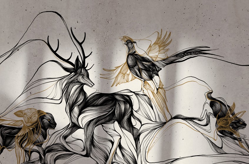 illustration of This illustration was created as part of major redesign of a French fine dining restaurant, LaGare in Prague. It was placed 6m long on a wall in the main sitting area.
Main idea for the illustration was smoke or aroma from the grill in the middle of the interior, going through the space of the restaurant and forming shapes of animals you can try on the menu, Each animal is shown static and in movement to add dynamism and flow to the graphics.