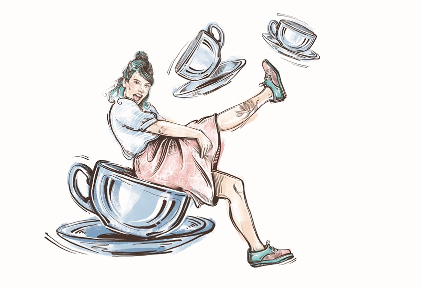 illustration of magazine. editorial. editorial magazine, article. barista. coffee. coffee roaster. coffee cup. tea. tea cup. cupping. tasting. skirt. girl. blue hair. tattoo. cheerful girl. happy girl.