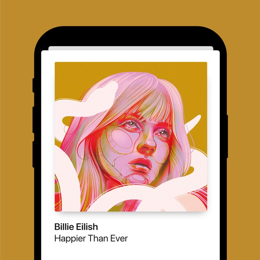 illustration of Portrait of a celebrity Billie Eilish • Music • Apple Music • Spotify • Singer • musician • actor • cover art • cover • interior • experiential • emotional • pink • girl • snake • crying • line art • mustard • red • happy • soul