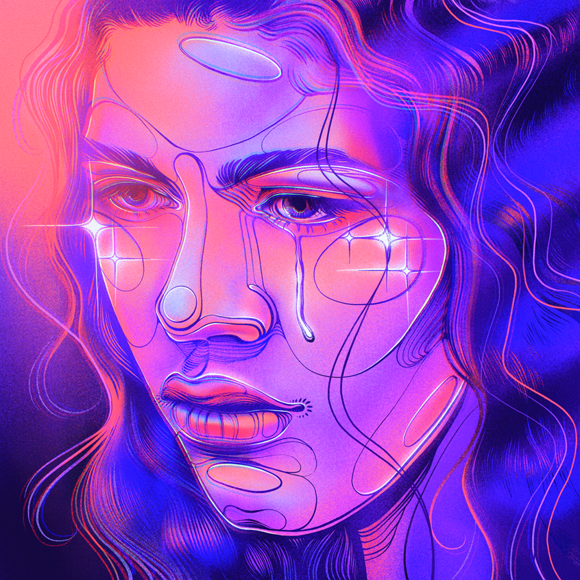 illustration of HBO movie poster concept • neon color • Zendaya • celebrity portrait • sad • drugs • LGBTQIA • sparkles • dancing • music • girl • face • purple • blue • tv series