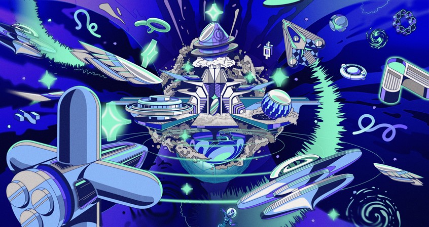 illustration of sci-fi , crypto , terra , blockchain , token , metaverse , ship , ships , cosmos , sky , space , vehicles , blue , purple , chaos , universe , planets , port