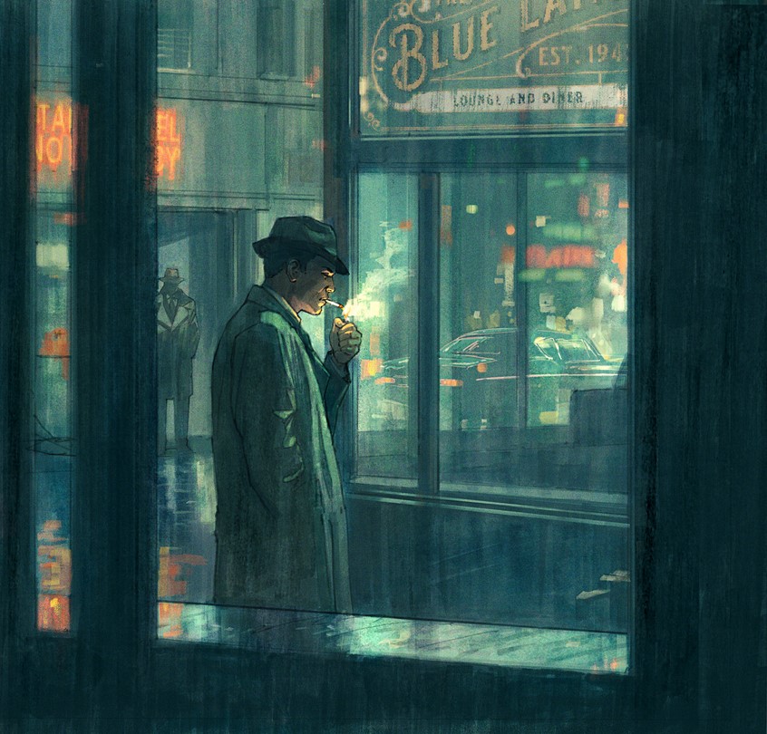 illustration of film noir inspired illustration, film noir, detective, mystery, paranoia, suspense, moody, atmospheric, cinematic, 1960s, noir city, rain, neon lights, urban night, street scene, man smoking, trench coat, fedora, cigarette glow, window reflection, vintage cars, dark alley, solitude, tension, surveillance, melancholy, shadow, light and shadow, retro, midcentury, illustration, gouache painting, pencil drawing, digital painting, dramatic lighting