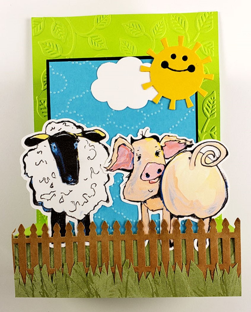 illustration of Greeting Card created from Illustrations provided for Club Scrap. Scrapbooking club, animal, critter, sheep, pig, sun, fence, paper cuts, ewe, lamb, hog, farm, country, rural, notes, notecard, kids, juvenile, whimsical, butt, humor, birthday, fleece, sunshine, summer, cloud, humorous, critters, animals