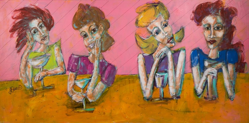 illustration of Girls night out takes a sober turn. Whimsical figurative piece, ladies and their cocktails, group, female, women, bar, pub, thoughtful, greeting card, elbows, style, wine, martini, quirky, humor, table, nightlife drinks beverage beverages