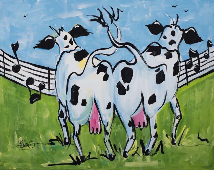 illustration of Whimsical, musical barnyard cow dance. farm, music, dance, humor, utters, tails, spots, Holstein, stanza, country, rural, grass, friends cows animal animals critter critters song spots farmyard