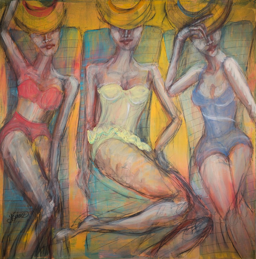 illustration of Whimsical vintage figurative beach / lounge scene, women, ladies, retro, female, friends, sketchy, swimming, bathing, sun, sunbathe, suntan, hats, humor, figurative, birthday, advertising, branding, summer, coastal, vacation, leisure